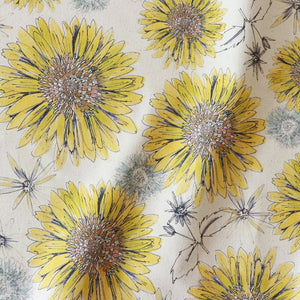 Organic Sunflower and Flora fabric by Seed Home Designs in yellow and beige, full repeat of large sunflowers