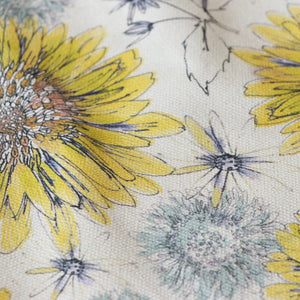 Organic Sunflower and Flora fabric by Seed Home Designs in yellow and beige, flat sample of large sunflowers