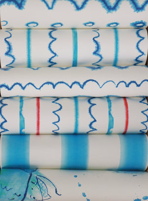 Sail Ahoy wallpaper by Seed Home Designs in blue, full repeat of fine nautical stripes