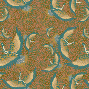 Pachamama velvet by Tatie Lou in peach, pattern sample of flying cranes