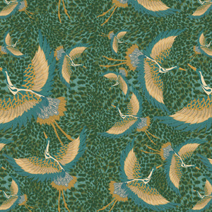 Pachamama wallpaper by Tatie Lou in green, flat sample of flying cranes