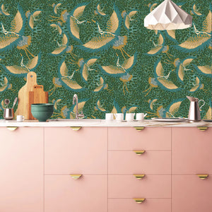 Pachamama wallpaper by Tatie Lou in green, flying cranes in a kitchen