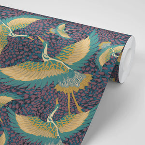 Pachamama wallpaper by Tatie Lou in purple, pattern sample of flying cranes