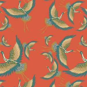 Pachamama wallpaper by Tatie Lou in coral, pattern sample of flying cranes