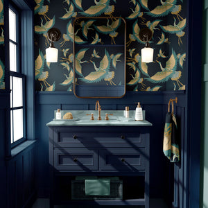 Pachamama wallpaper by Tatie Lou in navy, flying cranes in a bathroom