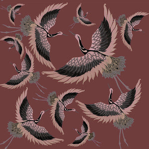 Pachamama velvet by Tatie Lou in burgundy, flat sample of flying cranes