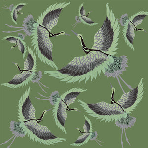 Pachamama wallpaper by Tatie Lou in olive, full repeat of flying cranes