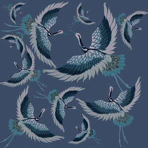 Pachamama wallpaper by Tatie Lou in navy, flat sample of flying cranes
