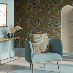 Pachamama wallpaper by Tatie Lou in beige, flying cranes in a living room