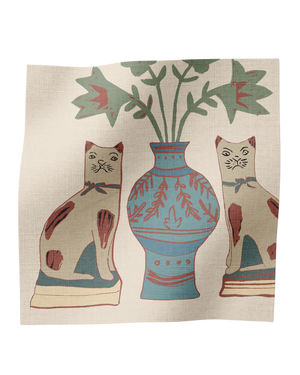 Pair of Cats Linen Fabric in Cinnamon Cats