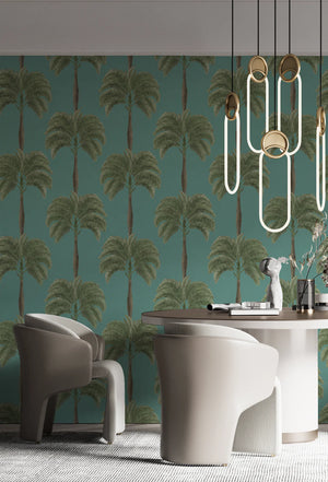 Palma wallpaper by Deus ex Gardenia in teal, tall palm trees in a dining area