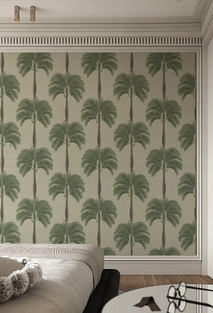 Palma wallpaper by Deus ex Gardenia in beige and green, pattern sample of tall palm trees