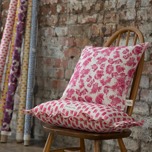 Paperflower linen by Bethie Tricks in pink, painted paper flowers made into a cushion
