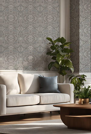 Papilio wallpaper by Victoria Sanders in grey, a mirrored butterfly design above a cabinet