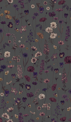 Botanica wallpaper by Victoria Sanders in dark grey, pattern sample of wildflowers and poppies
