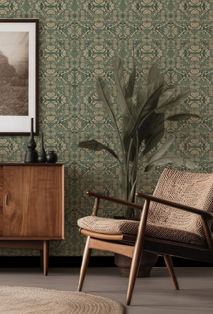 Papilio wallpaper by Victoria Sanders in green, a mirrored butterfly design above a sideboard