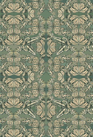 Papilio wallpaper by Victoria Sanders in green, pattern sample of a mirrored butterfly design (second view)
