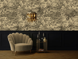 Dream Catcher wallpaper by Victoria Sanders in beige, a dreamlike toile of birds and foliage in a living room