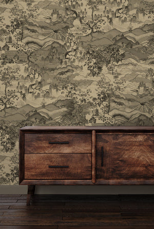 Dream Catcher wallpaper by Victoria Sanders in beige, a dreamlike toile of birds and foliage above a cabinet