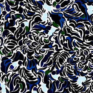 Paradeisos linen by Claire de Quénetain in blue, flat sample of a hand-painted floral design