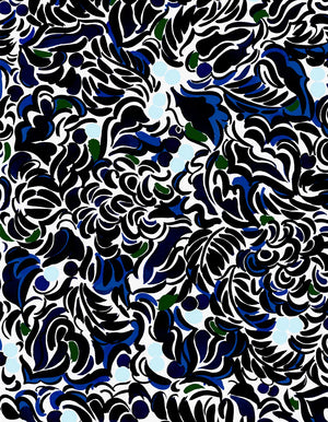 Paradeisos linen by Claire de Quénetain in blue, flat sample of a hand-painted floral design