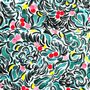 Paradeisos linen by Claire de Quénetain in green, full repeat of a hand-painted floral design