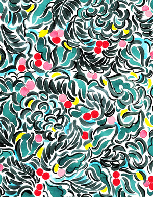 Paradeisos linen by Claire de Quénetain in green, full repeat of a hand-painted floral design
