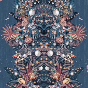 Paradise Party wallpaper by Brand McKenzie in navy, close-up of a mirrored tropical party scene