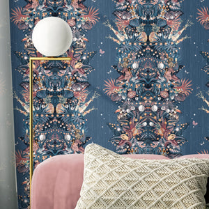 Paradise Party wallpaper by Brand McKenzie in pink, a mirrored tropical party scene in a living room
