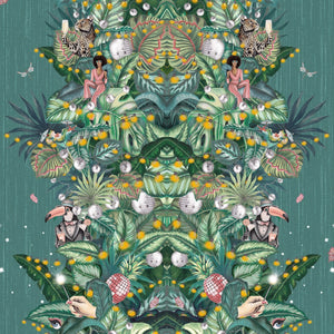 Paradise Party wallpaper by Brand McKenzie in green, detail of a mirrored tropical party scene