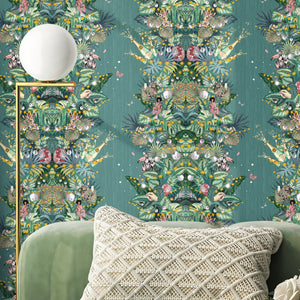 Paradise Party wallpaper by Brand McKenzie in green, a mirrored tropical party scene on a living room wall