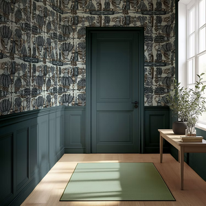 Passementerie wallpaper by Dami and Em Design in blue, tassels and trimmings in a hallway