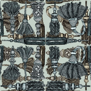 Passementerie wallpaper by Dami and Em Design in blue, full repeat of tassels and trimmings