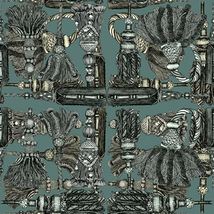 Passementerie wallpaper by Dami and Em Design in dark green, flat sample of tassels and trimmings