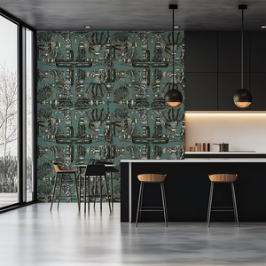 Passementerie wallpaper by Dami and Em Design in dark green, tassels and trimmings in a kitchen