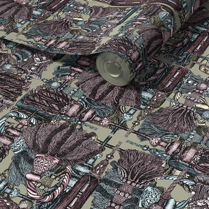 Passementerie in Mossy Pine wallpaper by Dami and Em Design in pink, roll showing tassels and trimmings