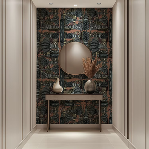 Passementerie wallpaper by Dami and Em Design in peach, tassels and trimmings in an entryway
