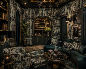 Passementerie velvet by Dami and Em Design in green, tassels and trimmings in a living room