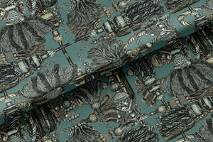 Passementerie velvet by Dami and Em Design in green, in soft folds showing tassels and trimmings