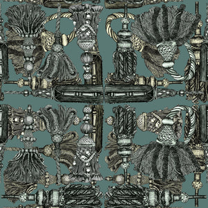Passementerie velvet by Dami and Em Design in green, flat sample of tassels and trimmings