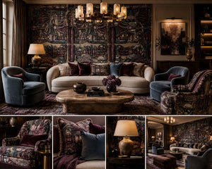 Passementerie velvet by Dami and Em Design in peach, tassels and trimmings behind a sofa in a living room