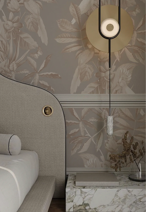 Passiflora wallpaper by Deus ex Gardenia in grey, parrots and passion flowers behind a bed