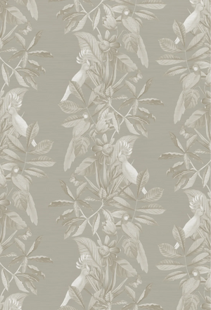 Passiflora wallpaper by Deus ex Gardenia in grey, pattern sample of parrots and passion flowers