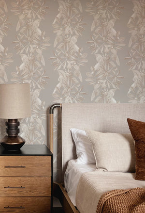 Passiflora wallpaper by Deus ex Gardenia in grey, parrots and passion flowers in a bedroom