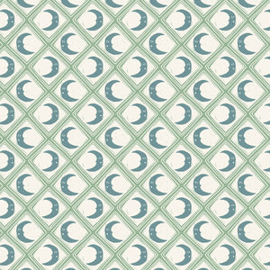 Kit Moon wallpaper by Annika Reed in blue and green, full repeat of crescent moons in a lattice