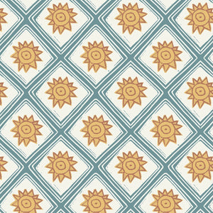 Solstice Sun wallpaper by Annika Reed in blue and orange, full repeat of suns in a lattice