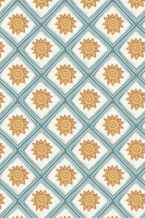Solstice Sun wallpaper by Annika Reed in blue and orange, full repeat of suns in a lattice