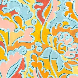 Pauline linen by Claire de Quénetain in pink and orange, full repeat of a hand-painted floral design