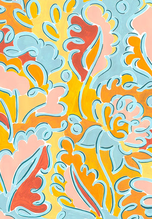 Pauline linen by Claire de Quénetain in pink and orange, full repeat of a hand-painted floral design
