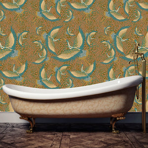 Pachamama wallpaper by Tatie Lou in gold, flying cranes on a bathroom wall